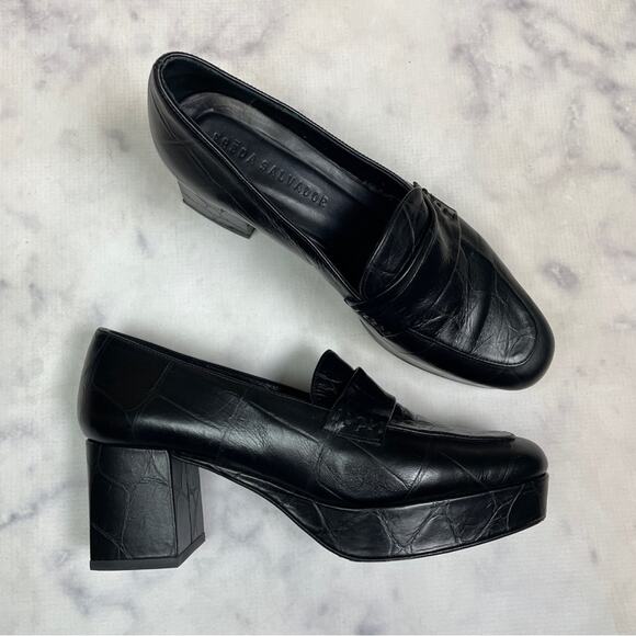 Freda Salvador Florence Croc Embossed Black Leather Platform Loafers - Picture 1 of 11